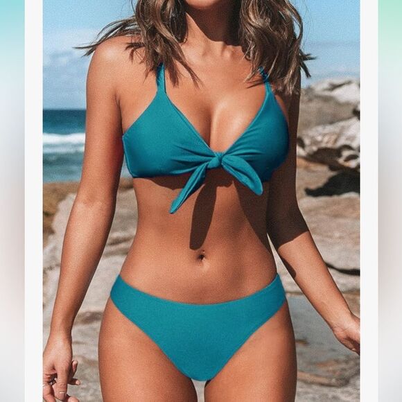 CUPSHE Women's Two Piece Bikini Set Floral Print Knot Bunny Tie, Teal, S - Picture 3 of 4